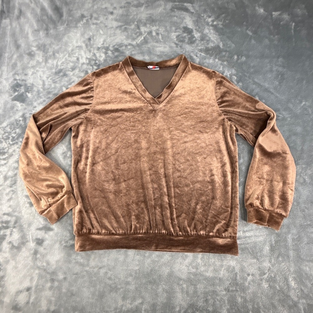Vintage 70s 80s FreeTime Prince Dallas Brown Velour V-Neck Pullover Shirt‎ FLAWS